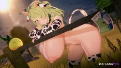 1girl 3d against_railing animal_ears animal_print animated antlers arcadia_(arcadiamkii) ass blowing_kiss blush bouncing_breasts breasts ceres_fauna choker closed_mouth cow_ears cow_girl cow_horns cow_print cow_print_gloves cow_print_thighhighs cow_tail curvy elbow_gloves farm fingerless_gloves flower gloves green_hair hair_flower hair_ornament hair_over_one_eye half-closed_eyes hanging_breasts heart highres hololive hololive_english horns huge_breasts koikatsu_(medium) large_areolae large_nipples leaning_forward long_hair looking_at_viewer looping_animation mole mole_under_eye navel nipples nude outdoors parted_lips print_gloves print_thighhighs puffy_areolae puffy_nipples railing sapling_(ceres_fauna) seductive_gaze seductive_smile shiny_skin sky smile solo sun bouncing_breasts tagme tail thick_thighs thighhighs thighs video virtual_youtuber wide_hips yellow_eyes