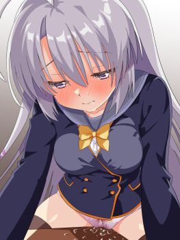 Rule 34 | 1girl, ahoge, aroused, ayachi nene, backlighting, black thighhighs, blush, bow, bow panties, bowtie, breasts, buttons, cameltoe, closed mouth, commentary, cowboy shot, crotch rub, double-breasted, drooling, eyelashes, eyes visible through hair, female masturbation, grey background, grey hair, grey sailor collar, hair between eyes, hair ribbon, half-closed eyes, highres, large breasts, leaning forward, lips, long hair, long sleeves, looking down, masturbation, mouth drool, no pants, nose blush, panties, pink bow, pink ribbon, purple eyes, pussy juice, ribbon, sailor collar, sanoba witch, school uniform, serafuku, sidelocks, simple background, solo, straight hair, table humping, thighhighs, tsurime, underwear, very long hair, white panties, yellow bow, yellow bowtie, yokoshima akunusu