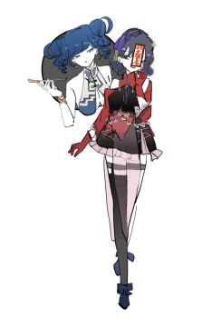 2girls blue_eyes blue_hair breasts cleavage full_body highres kaku_seiga looking_at_another looking_to_the_side miyako_yoshika multiple_girls ofuda short_twintails smoking_pipe touhou twintails white_background zenritsu