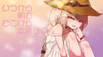 1girl :d black_bow bow braid dress grey_hair hair_bow hand_up hat heart heart-shaped_pupils highres long_hair looking_at_viewer makaino_ririmu makaino_ririmu_(3rd_costume) nijisanji open_mouth red_eyes sitting smile solo strap_slip straw_hat symbol-shaped_pupils utsusumi_kio virtual_youtuber white_dress wristband