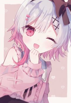 1girl ;d black_hairband book_off center_frills clothing_cutout commentary_request frilled_shirt frilled_sleeves frills hair_ornament hair_ribbon hairband haruno_ichigo heart highres long_sleeves looking_at_viewer mahou_shoujo_no_majo_saiban multicolored_hair official_alternate_costume one_eye_closed open_mouth pink_eyes pink_hair pink_shirt ribbon sakuraba_ema shirt short_hair shoulder_cutout smile solo upper_body white_hair x_hair_ornament