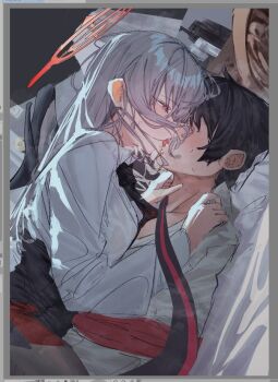 1boy 1girl art_program_in_frame betabeet black_hair black_necktie black_pantyhose blue_archive breath couple drooling faceless faceless_male french_kiss from_side halo hand_on_another&#039;s_neck hand_on_another&#039;s_shoulder haruna_(blue_archive) heart heart-shaped_pupils hetero indoors kiss long_hair long_sleeves looking_at_another lying lying_on_person necktie on_back on_bed on_stomach pantyhose profile red_eyes red_halo saliva shirt short_hair sketch steam straight_hair sweat symbol-shaped_pupils unfinished wet wet_clothes wet_shirt white_hair white_shirt yukadon