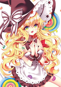 Rule 34 | 1girl, :d, apron, back bow, black bow, black bowtie, black hat, black skirt, black wrist cuffs, blonde hair, bow, bowtie, braid, breasts, candy, commentary request, cowboy shot, detached collar, food, frilled shirt collar, frills, green eyes, hair between eyes, hair bow, hat, hat bow, jelly bean, kirisame marisa, lollipop, long hair, medium breasts, open mouth, own hands together, red bow, rimei, side braid, single braid, skirt, smile, solo, striped bow, swirl lollipop, touhou, very long hair, wavy hair, white apron, white background, white bow, witch hat, wrist cuffs