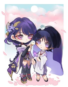 1boy 1girl absurdres animal animal_on_head bird bird_on_hand bird_on_head black_thighhighs blunt_bangs blush braid breasts bridal_gauntlets cherry_blossoms chibi chibi_only chinese_commentary cleavage clothing_cutout cloud cloudy_sky commentary_request eyeliner falling_petals genshin_impact hair_between_eyes hair_ornament head_tilt highres holding holding_hands japanese_clothes kimono large_breasts lingerie long_braid long_hair long_sleeves looking_at_animal makeup mitsudomoe_(shape) mole mole_under_eye mother_and_son naku_weed official_alternate_costume on_head open_mouth ouosaymomo outdoors petals pink_clouds pink_petals purple_eyes purple_kimono purple_veil raiden_shogun red_eyeliner red_sash sash scaramouche_(genshin_impact) scaramouche_(kabukimono)_(genshin_impact) shade short_hair shoulder_cutout single_braid sky standing sun thighhighs tomoe_(symbol) underwear veil wide_sleeves