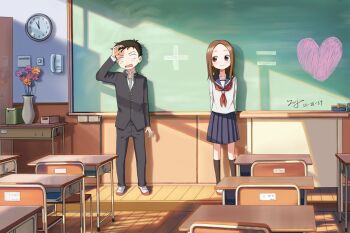 Rule 34 | 1boy, 1girl, absurdres, black hair, black jacket, black pants, blue sailor collar, blue skirt, blush, board eraser, brown eyes, brown hair, chalkboard, classroom, clock, closed mouth, collared shirt, commentary, dated, desk, flower, forehead, full body, gakuran, heart, highres, indoors, jacket, karakai jouzu no takagi-san, long hair, long sleeves, looking at another, looking to the side, neckerchief, nishikata, open mouth, pants, phone, pleated skirt, red neckerchief, sailor collar, sanpaku, school desk, school uniform, serafuku, shadow, shirt, short hair, signature, skirt, smile, standing, takagi-san, two-tone footwear, white shirt, zeng$ (zwj)