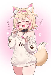 Rule 34 | 1girl, :o, ahoge, animal collar, animal ear fluff, animal ears, bandaid, bandaid hair ornament, bare shoulders, black collar, blonde hair, blush, breasts, cleavage, closed eyes, collar, collarbone, colored inner animal ears, commentary, cowboy shot, crossed bangs, dog ears, dog girl, dog tail, english commentary, fang, hair ornament, hairband, highres, hololive, hololive english, horn hairband, kani bonara, long sleeves, medium hair, mococo abyssgard, multicolored hair, no pants, open mouth, panties, paw print, pink background, pink brooch, pink hair, pink hairband, pink panties, small breasts, solo, standing, streaked hair, sweater, tail, thighs, underwear, virtual youtuber, white sweater
