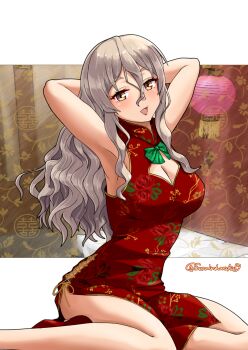 1girl absurdres alternate_costume arms_behind_head blush breasts brown_eyes china_dress chinese_clothes cleavage commentary_request commission dress grey_hair hair_between_eyes highres indoors kantai_collection lantern large_breasts long_hair looking_at_viewer medium_breasts open_mouth paper_lantern pixiv_commission pola_(kancolle) red_dress sitting sleeveless sleeveless_dress smile solo sorairo_haruka wariza wavy_hair white_background