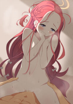 1boy 1girl absurdres artist_request blue_archive blue_eyes blush censored completely_nude covering_own_mouth cowgirl_position flat_chest girl_on_top halo hetero highres loli long_hair mosaic_censoring nude pussy red_hair sex spread_legs straddling sweat vaginal yuzu_(blue_archive)