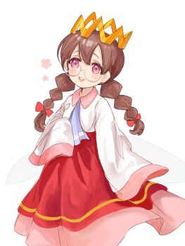 Rule 34 | 1girl, black hair, blush, bow, braid, crown, fairy, fairy wings, glasses, hair bow, highres, kirby (series), kirby 64, long hair, low twin braids, nintendo, purple eyes, red bow, ripple star queen, simple background, skirt, sleeves past fingers, sleeves past wrists, smile, twin braids, white background, wings, yk n 03