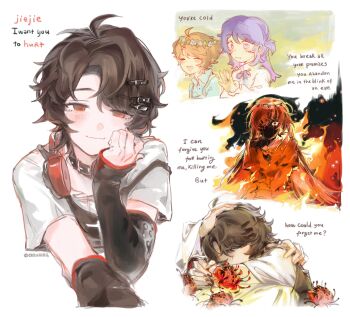 2girls ^_^ ahoge black_arm_warmers black_choker brown_hair child chimei_(love_curse:_find_your_soulmate) choker closed_eyes closed_mouth commentary empty_eyes english_commentary english_text fang flower hair_ornament hairclip hand_up head_wreath headphones headphones_around_neck highres hiru315 implied_yuri love_curse:_find_your_soulmate multiple_girls no_eyes nyx_xia pale_skin pink_eyes purple_hair red_eyes scene_reference selene_yan short_hair short_twintails skin_fang smile spider_lily spoilers twintails