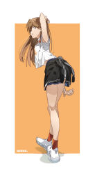 Rule 34 | 1girl, arms up, artist request, ass, bare legs, bare shoulders, blue eyes, breasts, brown hair, casual, character name, full body, highres, legs, long hair, looking at viewer, looking back, neon genesis evangelion, orange background, shirt, shoes, sneakers, solo, souryuu asuka langley, standing, thighs, white shirt, wide hips