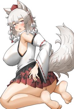 1girl absurdres animal_ears ass barefoot black_skirt blush breasts commentary detached_sleeves from_side hat highres huge_breasts inubashiri_momiji looking_at_viewer navel open_mouth red_eyes red_hat red_skirt ribbon-trimmed_sleeves ribbon_trim shirt short_eyebrows short_hair simple_background skirt solo symbol-only_commentary tail tokin_hat touhou twitter_username two-tone_skirt variant_set white_background white_hair white_shirt wolf_ears wolf_girl wolf_tail yamabikoyahoo