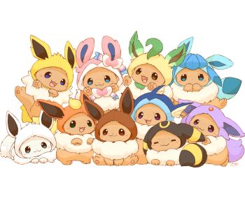 :3 absurdres alternate_color animal_focus animal_hood blue_eyes blush brown_eyes brown_fur closed_eyes closed_mouth cosplay eevee espeon espeon_(cosplay) flareon flareon_(cosplay) gen_1_pokemon gen_2_pokemon gen_4_pokemon gen_6_pokemon glaceon glaceon_(cosplay) highres hood hood_up jolteon jolteon_(cosplay) leafeon leafeon_(cosplay) mimix nintendo no_humans open_mouth pokemon pokemon_(creature) pokemon_focus purple_eyes shiny_pokemon simple_background smile sylveon sylveon_(cosplay) tail umbreon umbreon_(cosplay) vaporeon vaporeon_(cosplay) white_background