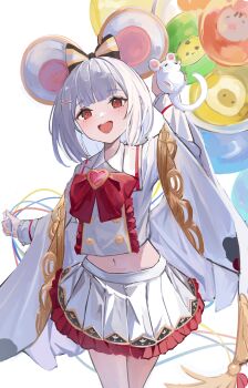 1girl :d absurdres animal_ears balloon bow commentary cowboy_shot fake_animal_ears granblue_fantasy hair_ornament hairclip heart highres looking_at_viewer midriff mouse_ears navel open_mouth red_bow red_eyes shiro_wa_(shiroshironix) simple_background skirt smile solo vikala_(granblue_fantasy) white_background white_hair white_skirt