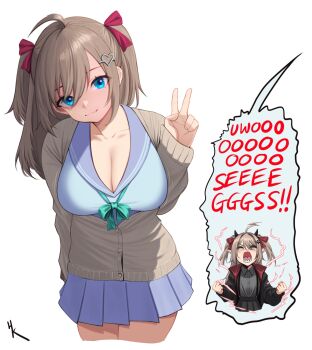 ahoge alternate_breast_size blue_eyes bow bowtie breasts caption evil_neuro-sama hair_ornament hairpin highres horns hwanker indie_virtual_youtuber large_breasts light_smile long_hair meme neuro-sama school_uniform seggs_(meme) speech_bubble twintails uohhhhhhhhh!_(meme) v vedal_ai virtual_youtuber white_background