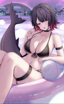 1girl arm_strap ball beachball bikini black_bikini black_choker black_hair breasts choker cleavage collarbone colored_inner_hair commentary_request ellen_joe feet_out_of_frame fins fish_tail front-tie_bikini_top front-tie_top half-closed_eyes halterneck innertube kushinaka large_breasts looking_at_viewer mole mole_under_eye multi-strapped_bikini_bottom multicolored_hair navel on_innertube open_mouth red_eyes red_hair shark_girl shark_tail sharp_teeth short_hair side-tie_bikini_bottom skindentation solo stomach strap_pull string_bikini swim_ring swimsuit tail teeth thigh_strap zenless_zone_zero