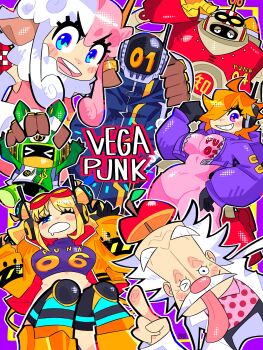 Rule 34 | absurdres, black gloves, blonde hair, blue eyes, bodysuit, boots, bourbunbun, breasts, coat, commentary, crop top, dr. vegapunk, facial hair, gloves, goggles, hair over one eye, headphones, helmet, highres, jacket, large breasts, long hair, multicolored hair, mustache, one piece, open clothes, open jacket, orange hair, pink bodysuit, pink hair, purple eyes, purple jacket, robot, short hair, smile, tongue, tongue out, two-tone hair, vegapunk atlas, vegapunk edison, vegapunk lilith, vegapunk pythagoras, vegapunk shaka, vegapunk york, white hair