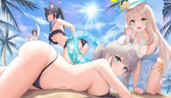 Rule 34 | 6+girls, :d, absurdres, animal ear fluff, animal ears, ass, ayane (blue archive), ayane (swimsuit) (blue archive), bikini, black bikini, black hair, blue archive, blue halo, blue sky, breasts, brown hair, cloud, commentary request, frilled bikini, frills, green halo, halo, hat, highres, hoshino (blue archive), hoshino (swimsuit) (blue archive), long hair, looking at viewer, medium breasts, multiple girls, nonomi (blue archive), nonomi (swimsuit) (blue archive), official alternate costume, open mouth, outdoors, palm tree, pink halo, red eyes, roina (effj7473), serika (blue archive), serika (swimsuit) (blue archive), shiroko (blue archive), side-tie bikini bottom, sky, smile, sun, swimsuit, thighs, tree, twintails, white hat, yellow bikini