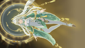 1girl absurdres blonde_hair braid breasts chinese_commentary closed_mouth commentary_request crescent crescent_hair_ornament dress exif_rotation floating full_body genshin_impact hair_ornament high_ponytail highres jewelry long_hair long_sleeves looking_at_viewer medium_breasts multicolored_hair ponytail solo streaked_hair tangyou_qifentian thighhighs white_hair wide_sleeves yellow_eyes zibai_(genshin_impact)