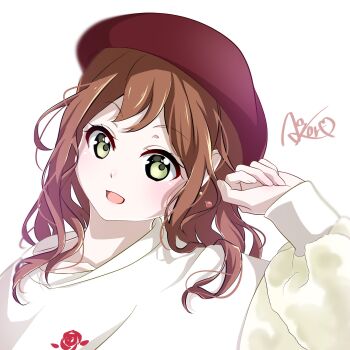 1girl alternate_costume aose_ao bang_dream! bang_dream!_girls_band_party! beret brown_hair commentary_request earrings fingernails floral_print flower green_eyes hat highres imai_lisa jewelry looking_at_viewer open_mouth red_hat rose rose_print signature simple_background solo sweater upper_body white_background