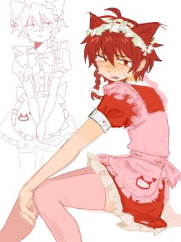 1boy ahoge alternate_costume animal_ears apron back_bow blush bow braid cat_ears commentary crossdressing crossdressing_(mtf) dress dummamay english_commentary fang frilled_apron frilled_dress frills from_side highres kemonomimi_mode looking_at_viewer maeno_aki maid maid_apron maid_headdress male_focus open_mouth pink_apron pink_bow puffy_short_sleeves puffy_sleeves red_dress red_eyes red_hair short_sleeves sitting tears white_background zeno_(game)