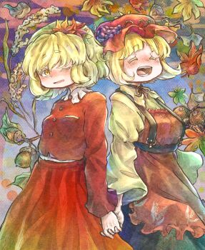 2girls aki_minoriko aki_shizuha autumn_leaves blonde_hair hair_ornament hat highres holding_hands leaf leaf_hair_ornament looking_at_viewer maple_leaf medium_hair mob_cap multiple_girls touhou yamano_koucha yellow_eyes