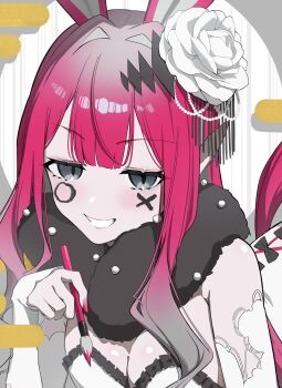 1girl animal_ears baobhan_sith_(fate) bare_shoulders breasts calligraphy_brush cleavage commentary dress english_commentary fate/grand_order fate_(series) flower fur_trim gradient_hair grey_hair hair_flower hair_ornament highres large_breasts looking_at_viewer multicolored_hair paintbrush rabbit_ears red_hair shafurakafusha smile solo white_dress