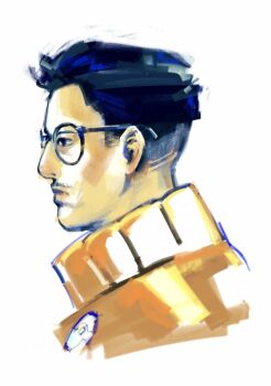 1boy aegyo_sal beard_stubble black_eyes black_hair bomber_jacket disco_elysium facial_hair from_side glasses highres jacket kim_kitsuragi lockwqq looking_to_the_side male_focus orange_jacket popped_collar portrait short_hair sideburns solo stubble