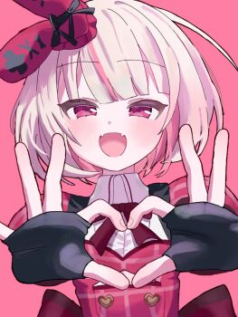 1girl :o black_bow black_gloves blunt_bangs blush bob_cut bow bowtie buttons center_frills clothing_cutout collar colored_inner_hair dress elbow_gloves fangs fingerless_gloves four-finger_heart_hands frills gloves grey_hair hat hat_bow heart heart_button heart_hands idol_clothes if_mothi layered_dress looking_at_viewer makaino_ririmu medium_hair mini_hat multicolored_hair nijisanji official_alternate_costume official_alternate_hairstyle pink_background pink_hair plaid_clothes plaid_dress plaid_sleeves puffy_short_sleeves puffy_sleeves rabbit_ear_headwear red_bow red_bowtie red_dress red_eyes red_sleeves short_sleeves simple_background skin_fangs smile solo streaked_hair underboob_cutout upper_body virtual_youtuber white_collar