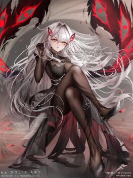 1girl absurdres artist_name black_bodystocking black_dress black_shoes bodystocking breasts commentary commission crossed_legs dols_art dress english_commentary eye_hair_ornament eyes_on_wings falling_petals floating_hair frown full_body genshin_impact hair_between_eyes hair_intakes hand_up high_heels highres invisible_chair large_breasts long_hair looking_at_viewer parted_lips petals pumps red_petals red_wings reflective_floor ronova_(genshin_impact) see-through_clothes see-through_veil shoes sitting solo symbol-shaped_pupils veil very_long_hair watermark white_hair wings yellow_eyes