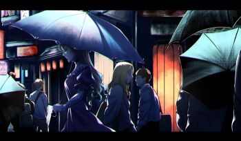 absurdres blonde_hair choker closed_mouth commentary_request dd_tachibana dress elbow_gloves frills from_side gloves highres holding holding_umbrella long_hair multiple_others purple_dress road scenery short_sleeves smile street touhou umbrella yakumo_yukari