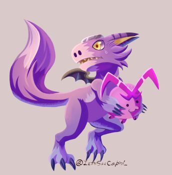 Rule 34 | artist name, claws, digimon, digimon (creature), digital monster x-evolution, dorumon, grey background, highres, letsseecapri, no humans, purple fur, simple background, smile, tail, tokomon, tokomon x-antibody, wings, yellow eyes