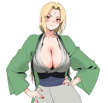 1girl blonde_hair breasts chinese_commentary cleavage commentary_request facial_mark forehead_mark grandma green_haori grey_kimono haori highres japanese_clothes kimono large_breasts long_hair looking_at_viewer mature_female naruto_(series) old old_woman shiliu_xian_xian_xian simple_background tsunade_(naruto) upper_body white_background