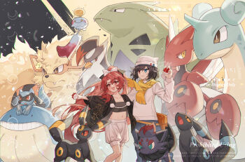 1boy 1girl :d absurdres black_hair black_jacket black_pants blue_eyes blush bow character_request closed_mouth crop_top feet_out_of_frame gen_2_pokemon gen_4_pokemon gen_5_pokemon hair_bow heterochromia highres holding holding_poke_ball jacket long_hair long_sleeves midriff mochizuki_inochi navel nintendo open_clothes open_jacket open_mouth outstretched_arm pants poke_ball pokemon pokemon_(creature) ponytail red_eyes red_hair riolu scarf shirt short_hair shorts smile standing umbreon white_bow white_shirt white_shorts wide_sleeves yellow_scarf zorua