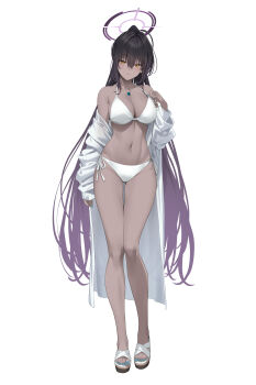 1girl bikini bikini_top_pull black_hair blue_archive blue_nails breasts dark-skinned_female dark_skin earrings gradient_hair halo jacket jewelry karin_(blue_archive) koisuke large_breasts long_hair multicolored_hair nail_polish necklace off-shoulder_jacket off_shoulder open_clothes open_jacket ponytail purple_hair sandals side-tie_bikini_bottom slit_pupils solo standing swimsuit thigh_gap toenail_polish toenails white_background white_bikini white_jacket yellow_eyes
