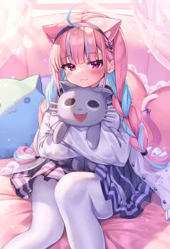1girl absurdres ahoge anchor_hair_ornament animal_ears blue_hair blue_hairband blue_ribbon blue_skirt blush braid breasts cat_ears cat_girl cat_tail closed_mouth curtains deaver extra_ears feet_out_of_frame hair_ornament hairband heart heart-shaped_pillow highres hololive hugging_doll hugging_object indoors jacket large_breasts long_hair long_sleeves looking_at_viewer minato_aqua minato_aqua_(sailor) multicolored_hair neko_(minato_aqua) open_clothes open_jacket pantyhose pillow pleated_skirt purple_eyes purple_hair ribbon sitting skirt smile solo stuffed_animal stuffed_cat stuffed_toy tail tail_ornament tail_ribbon twin_braids twintails two-tone_hair virtual_youtuber white_jacket window