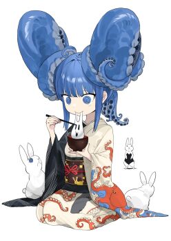1girl animal animal_print blue_eyes blue_hair blunt_bangs bowl chinese_zodiac chopsticks closed_mouth commentary_request double_bun eating food full_body hair_bun highres holding holding_bowl holding_chopsticks japanese_clothes kimono long_hair megame_(okbnkn) mizudako-chan_(okbnkn) mochi obi obijime octopus_print original print_kimono print_sash rabbit rabbit_print ringed_eyes sash seiza shark_print simple_background sitting smile solo suction_cups tentacle_hair very_long_hair white_background wide_sleeves year_of_the_rabbit