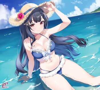 1girl absurdres bare_shoulders beach bikini black_hair blue_bikini blue_nails blue_sky braid braided_bangs breasts brown_eyes cleavage cloud cloudy_sky collarbone commentary_request commission dodosako flower halterneck hat hat_flower highres indie_virtual_youtuber long_hair medium_breasts navel pink_flower sitting skeb_commission sky solo straw_hat sun_hat swimsuit thighs virtual_youtuber water yona_whale_(vtuber)