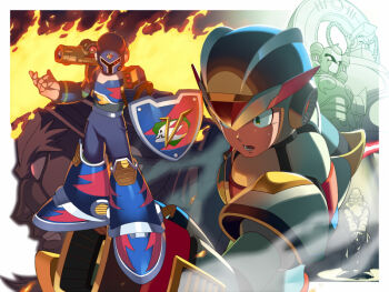 Rule 34 | 6+boys, android, arm cannon, arm support, armor, bald, beard, bit (mega man), blue armor, blue helmet, byte (mega man), cannon, chest jewel, clenched teeth, closed mouth, dr. cain (mega man), dr. doppler (mega man), facial hair, fiery background, fire, forehead jewel, full body, gloves, glowing, glowing eyes, green eyes, helmet, jewelry, long beard, long hair, lower teeth only, may (nicoseiga 32709921), mega man (series), mega man x3, mega man x (series), multiple boys, old, old man, one-eyed, open mouth, red eyes, robot, robot ears, shield, shoulder cannon, stick, teeth, third armor x (mega man), vile (mega man), vile mkii (mega man), weapon, white armor, white gloves, white helmet, x (mega man)