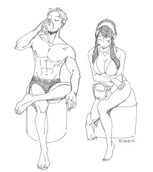 1boy 1girl abs artist_name barefoot black_hair black_male_underwear bra breasts cleavage closed_eyes crossed_arms crossed_legs cup earrings findoworld full_body greyscale hairband highres holding holding_cup jewelry large_breasts light_frown long_hair male_underwear monochrome parted_bangs short_hair sidelocks sitting sketch spy_x_family tears toned toned_male topless_male twilight_(spy_x_family) underwear updo white_background white_bra white_hairband yor_briar