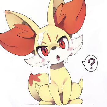 ? absurdres animal_focus animal_sexualization commentary_request cum cum_on_body facial fennekin gen_6_pokemon highres looking_at_viewer nintendo open_mouth pokemon pokemon_(creature) pokephilia red_eyes sitting speech_bubble spoken_question_mark youjo_modoki
