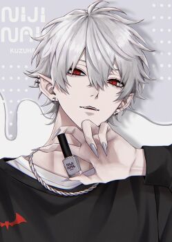 1boy banechiii black_jacket ear_piercing earrings fingernails grey_hair hair_between_eyes highres jacket jewelry kuzuha_(1st_costume)_(nijisanji) kuzuha_(nijisanji) long_fingernails long_sleeves looking_at_viewer male_focus mole mole_under_eye nail_polish nijisanji open_mouth piercing pointy_ears red_eyes sharp_fingernails shirt silver_nails simple_background smile solo track_jacket vampire virtual_youtuber white_hair