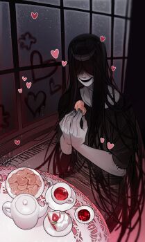 1boy absurdres apchuyuji black_hair black_kimono blood blood_on_face cake cookie cup food hair_over_eyes hands_up heart heart-shaped_cookie heart-shaped_food highres holding holding_cookie holding_food homicipher indoors japanese_clothes kimono long_hair male_focus mr._crawling seiza sitting solo strawberry_cake table tea teacup very_long_hair window