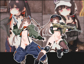 1girl baseball_cap black_boots black_socks black_thighhighs boots breasts elbow_pads fallout fallout_4 fuyukawa_(kogimiwa64338) gun hat headset highres holding holding_gun holding_weapon holster knee_pads navel original pussy single_sock single_thighhigh small_breasts socks thigh_holster thighhighs thighs weapon
