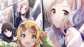 ahoge black_hair blonde_hair blue_eyes breasts brown_eyes brown_hair cellphone cleavage earrings english_text game_cg hachimiya_meguru hair_ornament hairclip hat headphones heart holding idolmaster idolmaster_shiny_colors idolmaster_shiny_colors_song_for_prism illumination_stars_(idolmaster) jewelry kazano_hiori official_art open_mouth phone poster_(object) profile sakuragi_mano smartphone smile sunglasses_on_head turtleneck