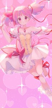 1girl :o absurdres barefoot blush child collarbone commentary_request heart henshin highres kaname_madoka kaname_madoka_(magical_girl) looking_at_viewer magical_girl mahou_shoujo_madoka_magica mahou_shoujo_madoka_magica_(anime) pink_background pink_eyes pink_hair pink_theme puffy_sleeves ribbon ruru_(rurumagi) short_twintails solo soul_gem sparkle transformation twintails
