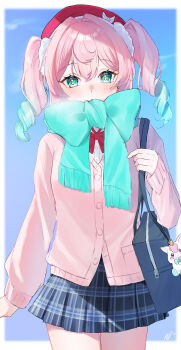 1girl absurdres aqua_eyes aqua_scarf bag cardigan commentary_request drill_hair gradient_hair hat highres honkai:_star_rail honkai_(series) hyacine_(honkai:_star_rail) miyu_10969 multicolored_hair pink_cardigan pink_hair plaid_clothes plaid_skirt scarf school_bag signature skirt twin_drills