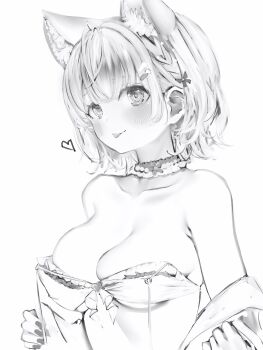 1girl absurdres animal_ears bare_shoulders bikini blush braid breasts choker closed_mouth collarbone extra_ears fingernails frilled_bikini frilled_choker frills greyscale hair_ornament hairclip hakui_koyori hakui_koyori_(summer) heart heart_in_eye highres hololive large_breasts medium_hair monochrome nail_polish nanashi_(nlo) simple_background smile solo swimsuit symbol_in_eye tongue tongue_out virtual_youtuber white_background wolf_ears wolf_girl