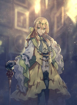 androgynous black_gloves black_pants blonde_hair blurry blurry_background dress gen_5_pokemon gender_request gloves green_eyes green_neckwear indoors leavanny looking_at_viewer male_focus moe_(hamhamham) nintendo pants personification pokemon scepter standing vest wide_sleeves yellow_dress