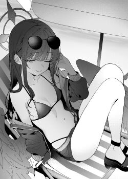 1girl ;) absurdres bikini bikini_under_clothes blue_archive breasts closed_mouth commentary eyewear_on_head feathered_wings full_body greyscale halo hand_up highres ichika_(blue_archive) ichika_(swimsuit)_(blue_archive) jacket long_hair long_sleeves looking_at_viewer monochrome navel off_shoulder one_eye_closed open_clothes open_jacket re_re_merry sandals short_shorts shorts sitting small_breasts smile solo sunglasses swimsuit wings
